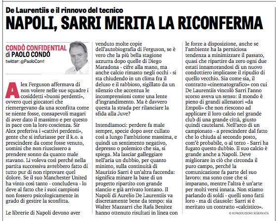 Condò: «Sarri va confermato, ma deve migliorare fuori dal campo. Napoli si goda il Napoli»