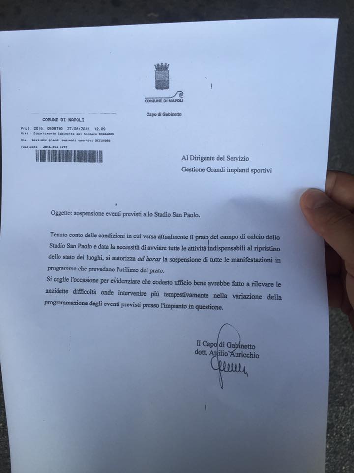 La lettera del Comune che annulla il torneo per bambini al San Paolo due ore prima dell’inizio