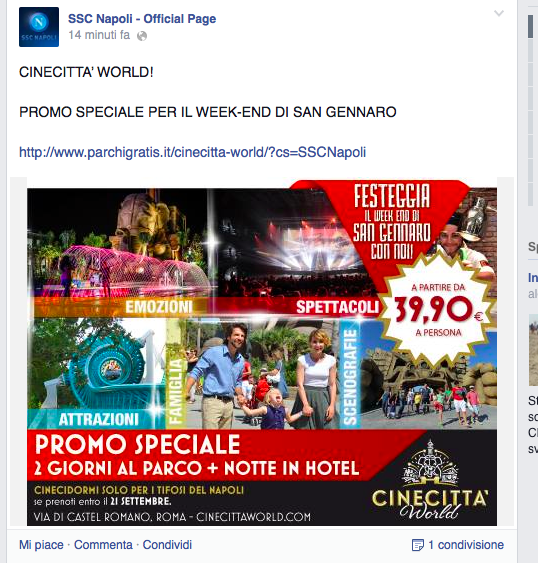 Il Napoli invita i tifosi a trascorrere San Gennaro a Cinecittà World, a Roma. Insulti su Facebook