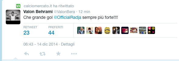 Behrami su Twitter elogia il gol di Nainggolan