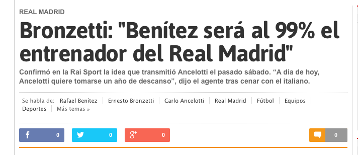 Bronzetti ad As: «Al 99% Benitez sarà il prossimo allenatore del Real Madrid». Sky invece non fa mai il nome di Rafa