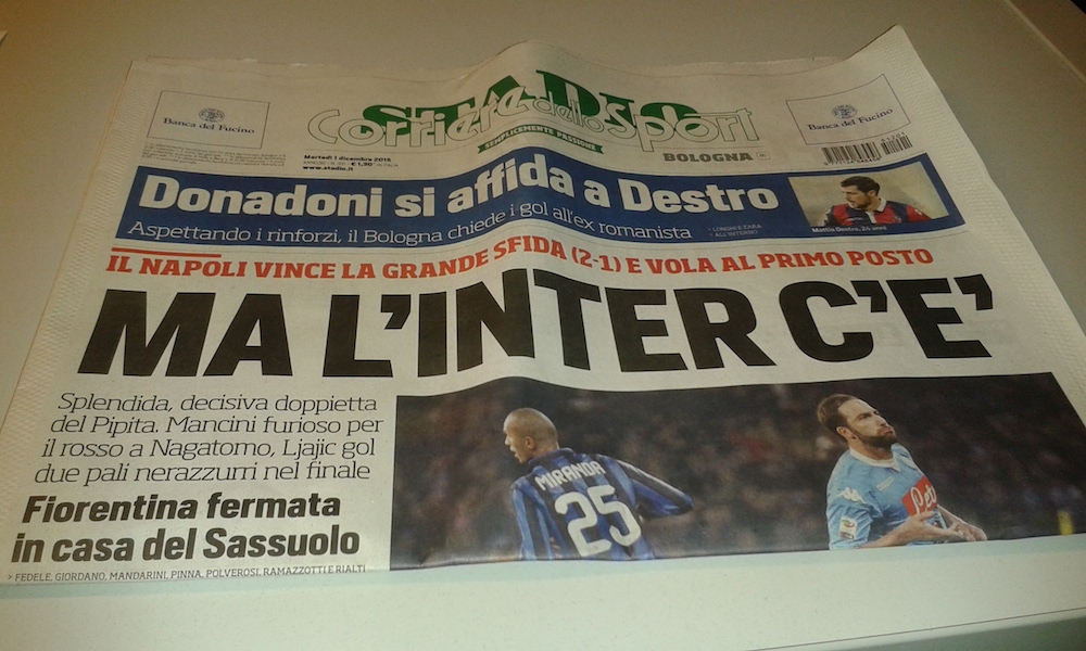 Napoli-Inter, la prima pagina del Corriere dello Sport edizione Bologna