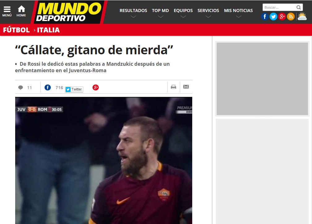 “Gitano de mierda”, della carineria di De Rossi a Mandzukic si parla più all’estero che in Italia. E Spalletti lo difende anche “Gitano de mierda”, della carineria di De Rossi a Mandzukic si parla più all’estero che in Italia. E Spalletti lo difende anche