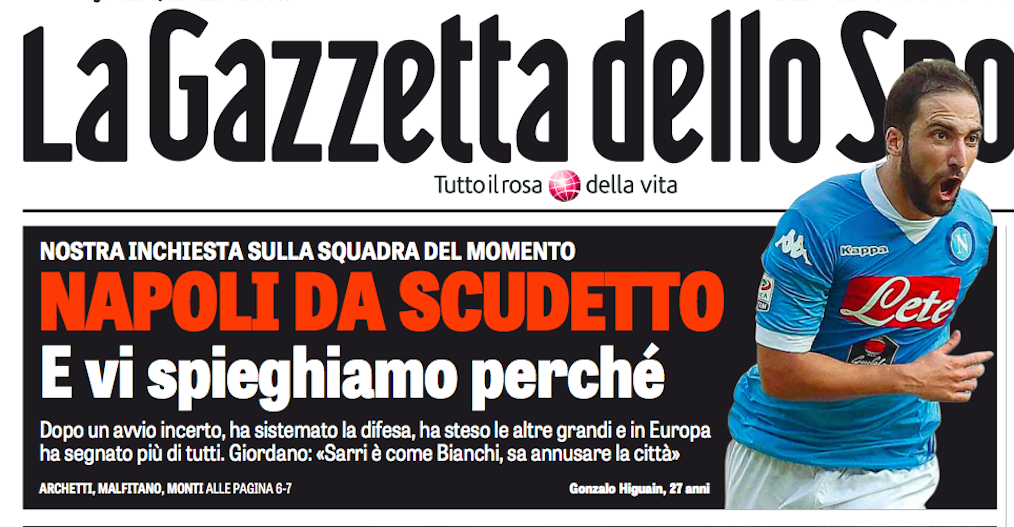 La Gazzetta scrive che il Napoli è il favorito per lo scudetto La Gazzetta scrive che il Napoli è il favorito per lo scudetto