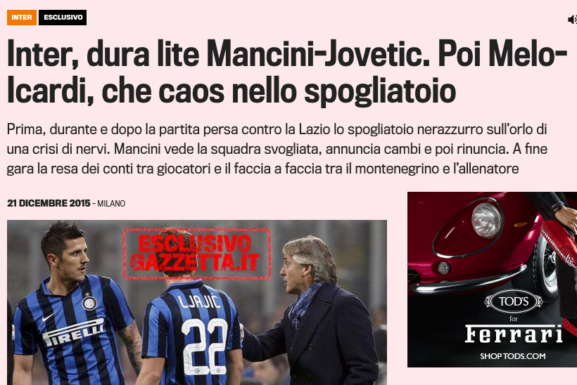 Bufera nello spogliatoio Inter, Mancini e Jovetic quasi alle mani: la Gazzetta racconta tutto (il Mancio smentisce su Twitter)