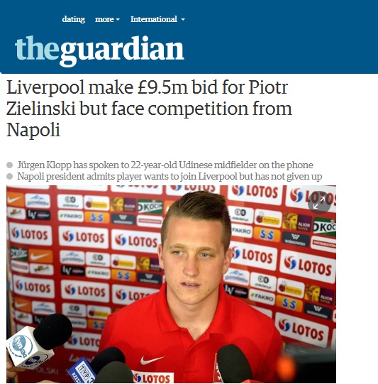 Il Guardian su Zielinski: offerta del Liverpool, Klopp promette «un ruolo importante» al polacco