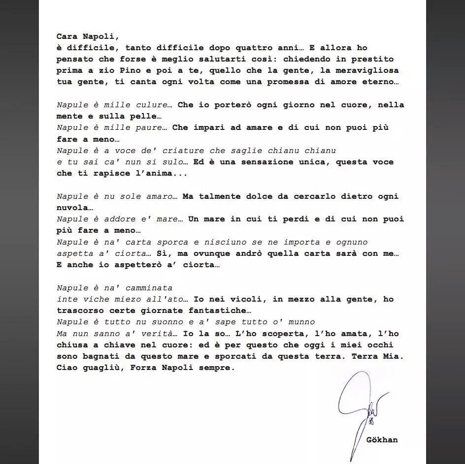 Inler saluta Napoli con una lettera che è una risposta a ogni strofa di Napul’è Inler saluta Napoli con una lettera che è una risposta a ogni strofa di Napul’è
