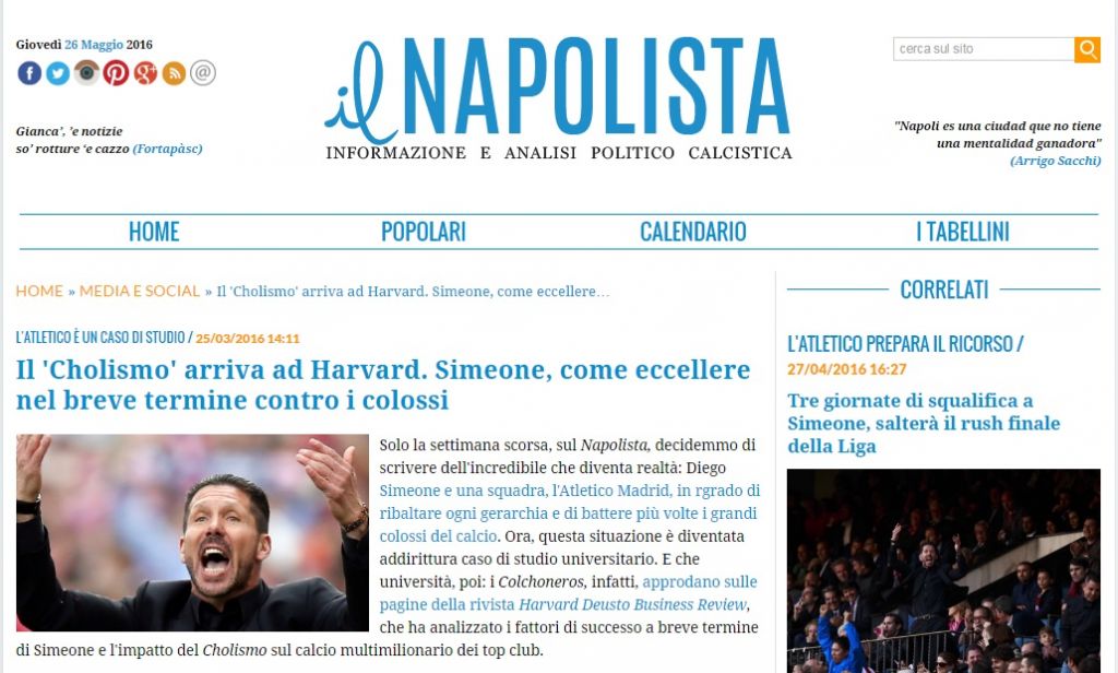 Il Napolista, insieme a giornali di tutto il mondo, in un video su Simeone e il Cholismo ad Harvard