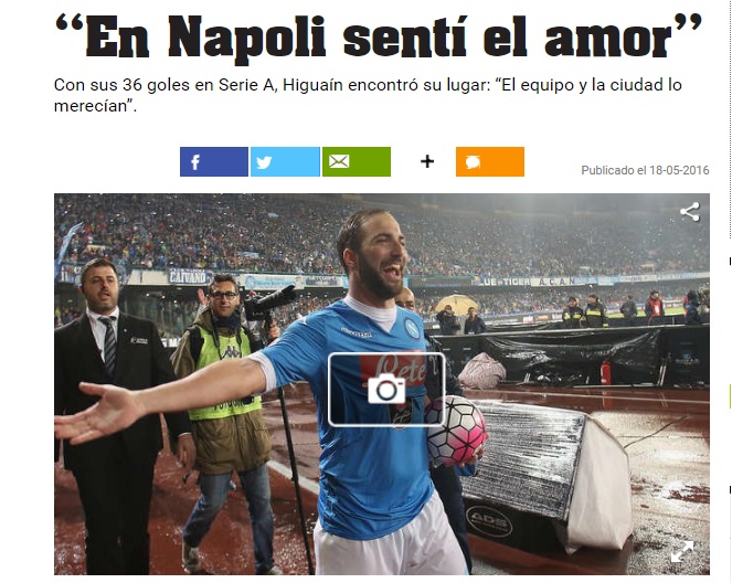 Napoli, senti Higuain dall’Argentina: «Mi sento amato come mai prima d’ora»