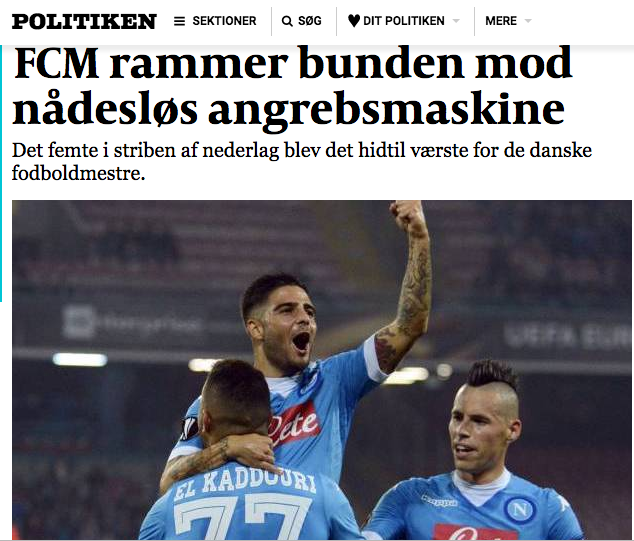 Il Napoli ne fa cinque e in Danimarca i quotidiani fanno a pezzi il Midtjylland: «Lo speaker del San Paolo ha avuto un bel da fare»