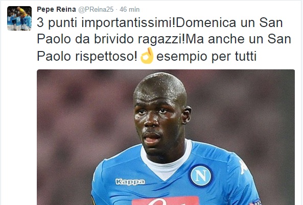 Reina, tweet sibillino sulla Lazio con la foto di Koulibaly: «San Paolo rispettoso, esempio per tutti» Reina, tweet sibillino sulla Lazio con la foto di Koulibaly: «San Paolo rispettoso, esempio per tutti»