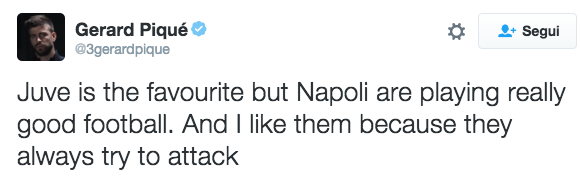 Piquè elogia il Napoli: «Giocano sempre all’attacco. Mi piacciono anche se la Juve è favorita»