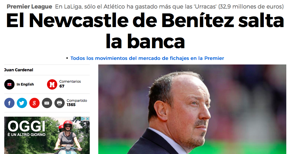Il Newcastle di Benitez ha già speso 33 milioni di euro
