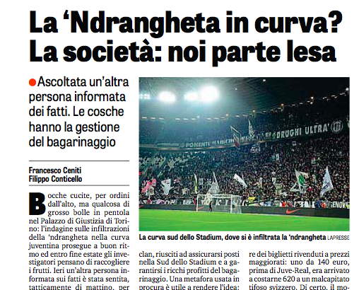 La Gazzetta in difesa della Juventus per l’inchiesta ’ndrangheta-ultras