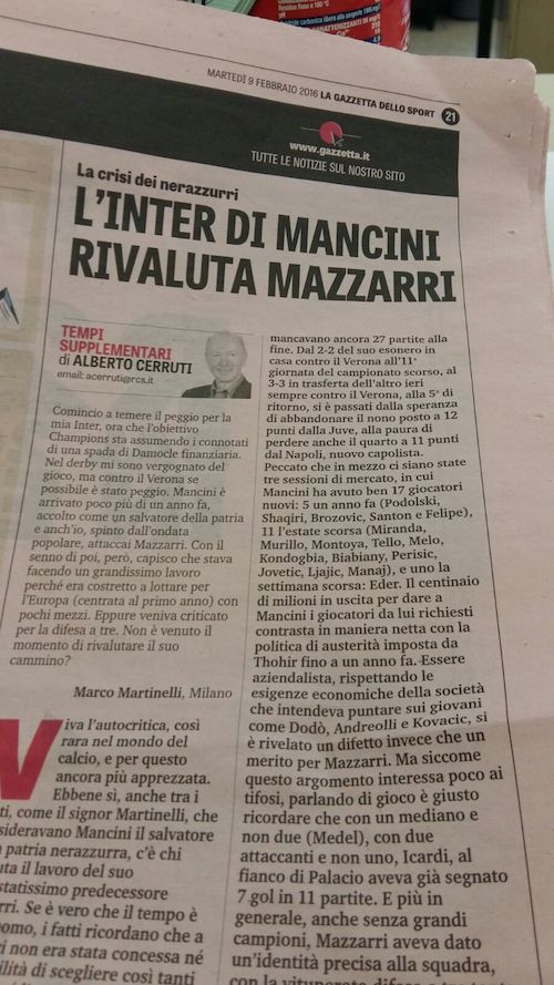 La Gazzetta boccia Mancini e riabilita l’Inter di Mazzarri La Gazzetta boccia Mancini e riabilita l’Inter di Mazzarri