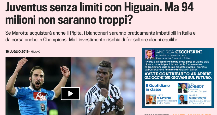 Ora anche la Gazzetta si chiede se Higuain sia un affare per la Juventus