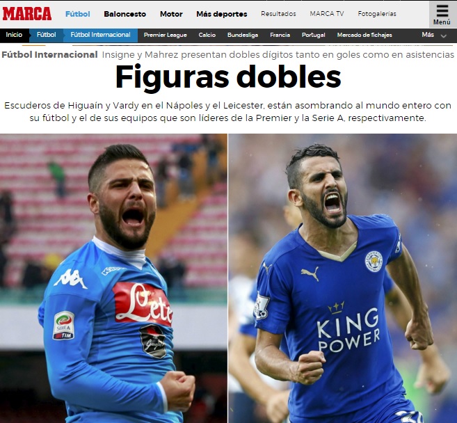 Per Marca, Mahrez come Insigne: i due «scudieri di Vardy e Higuain» sono gli unici calciatori in Europa in doppia cifra per gol e assist