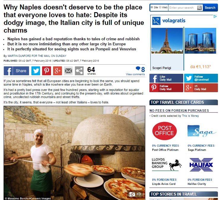 Oggi, un reportage sul Daily Mail: «Napoli non merita di essere il luogo che tutti amano odiare»