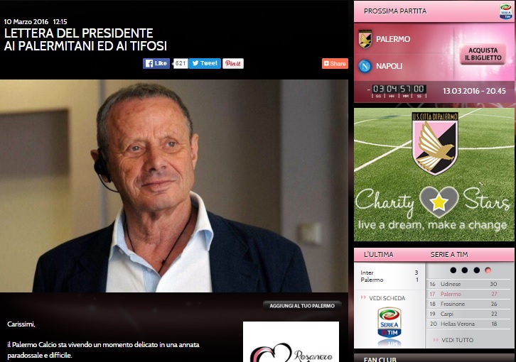 Zamparini prova a frenare la contestazione: lettera aperta ai tifosi Zamparini prova a frenare la contestazione: lettera aperta ai tifosi