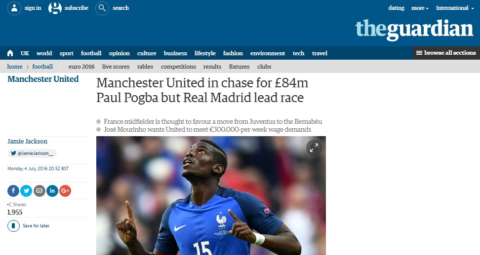 L’asta Real-United per Pogba in apertura sul Guardian e su tutte le maggiori testate estere