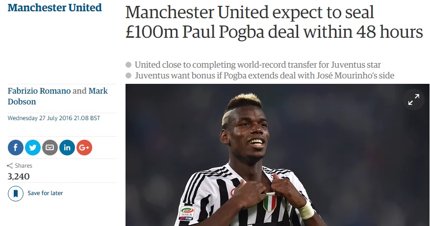 Per il Guardian, 48 ore e Pogba sarà dello United (per 100 milioni di sterline)
