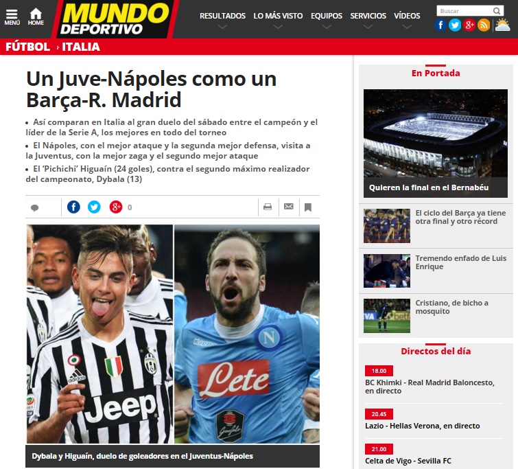 Mundo Deportivo paragona Juventus-Napoli al Clasico: «È come Barcellona-Real Madrid»