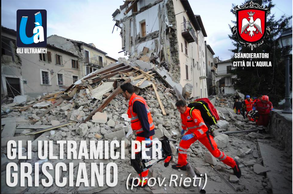 Gli Ultràmici e gli sbandieratori di L’Aquila: raccolta di fondi per i terremotati di Grisciano Gli Ultràmici e gli sbandieratori di L’Aquila: raccolta di fondi per i terremotati di Grisciano
