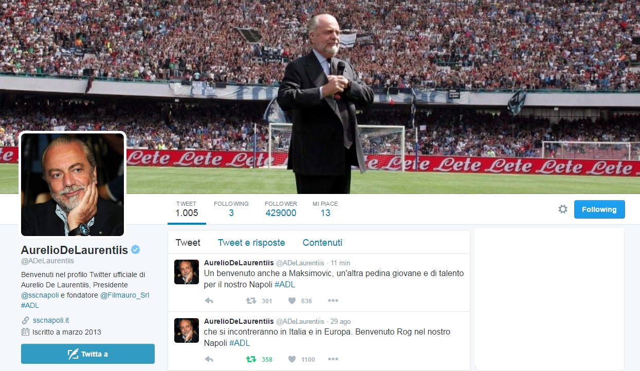 Il (canonico) tweet di De Laurentiis: «Benvenuto anche a Maksimovic, pedina giovane e di talento»