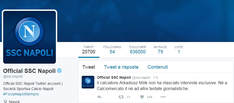 Il Napoli smentisce l’intervista di Milik a Calciomercato.it