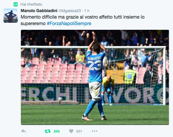 Il tweet di Gabbiadini e l’incoraggiamento dei tifosi del Napoli