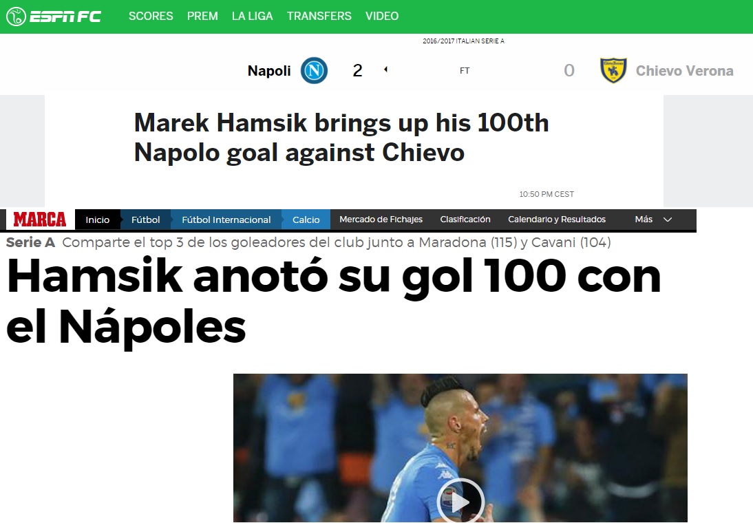 I giornali stranieri: la vittoria per tenere il passo della Juve, i 100 gol di Hamsik con il …Napolo