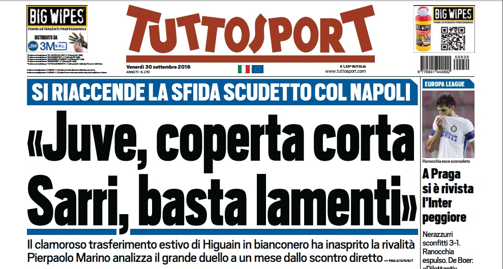Tuttosport scopre che la Juve ha la coperta corta e una rivale per il titolo: il Napoli
