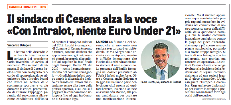 Il sindaco di Cesena: «Niente Europei Under 21 se Intralot è sponsor dell’Italia»