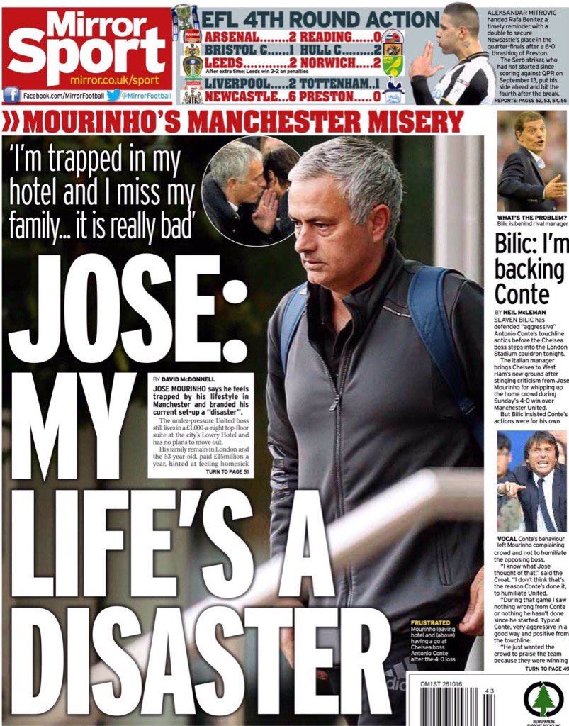 Mourinho: «La mia vita a Manchester è un disastro»