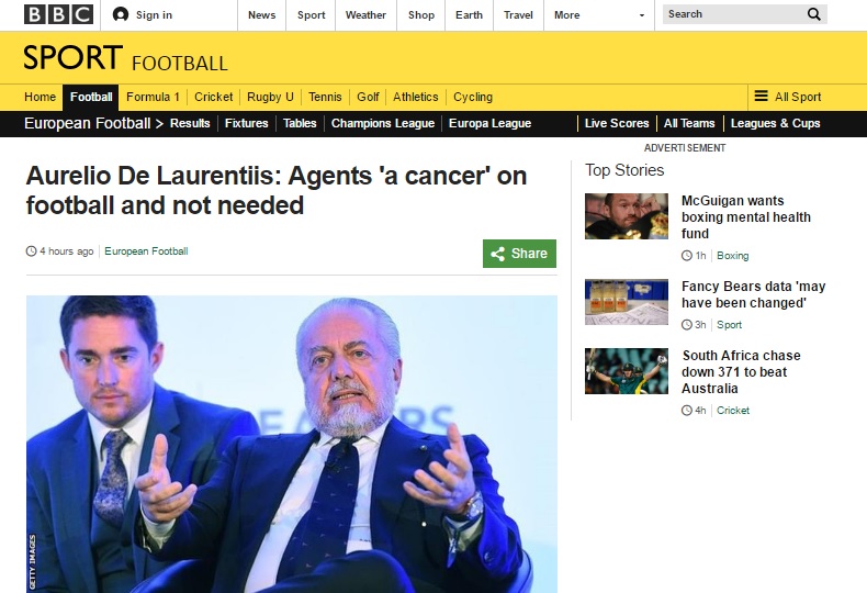 De Laurentiis che definisce procuratori «cancro del calcio» colpisce la stampa estera De Laurentiis che definisce procuratori «cancro del calcio» colpisce la stampa estera