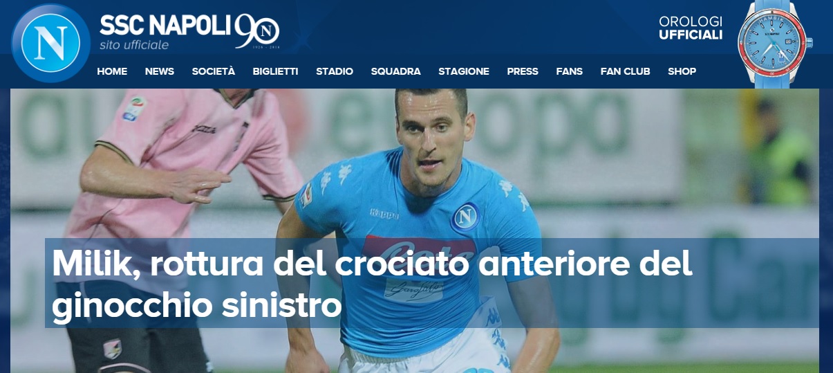La conferma ufficiale del Napoli: rottura del crociato anteriore per Milik La conferma ufficiale del Napoli: rottura del crociato anteriore per Milik