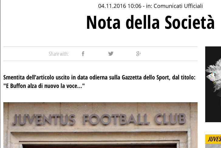 La Juventus smentisce la Gazzetta: «Articolo falso su Buffon»