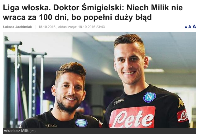 Smigielski, ortopedico polacco: «Milik non abbia fretta, gli servono 150 giorni per guarire» Smigielski, ortopedico polacco: «Milik non abbia fretta, gli servono 150 giorni per guarire»