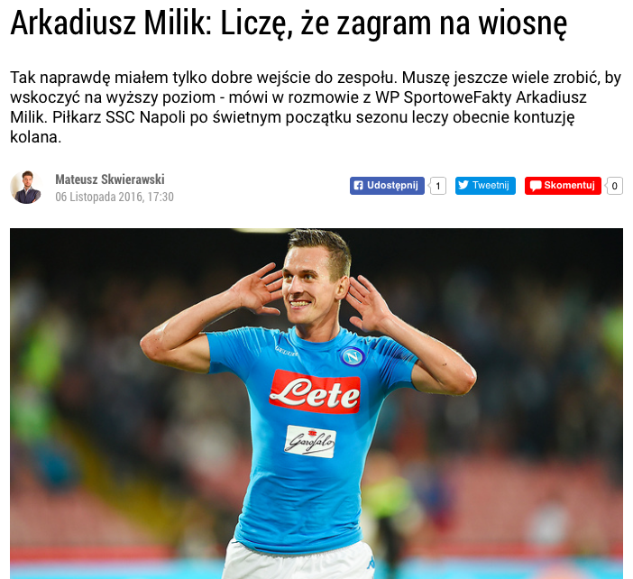Milik smentisce il Napoli sui tempi di recupero: «Spero di tornare in primavera» Milik smentisce il Napoli sui tempi di recupero: «Spero di tornare in primavera»