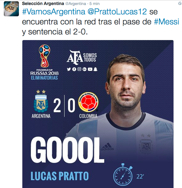 Pratto gioca al posto di Higuain e segna. Grande Messi. Argentina-Colombia 3-0
