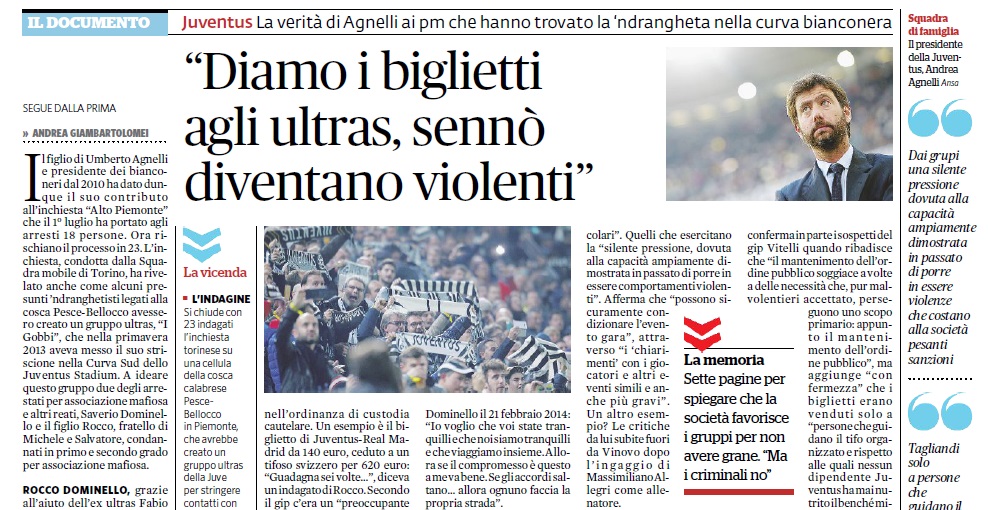 Agnelli sull’indagine Juventus Stadium-‘Ndrangheta: «Biglietti ai gruppi per stare tranquilli»