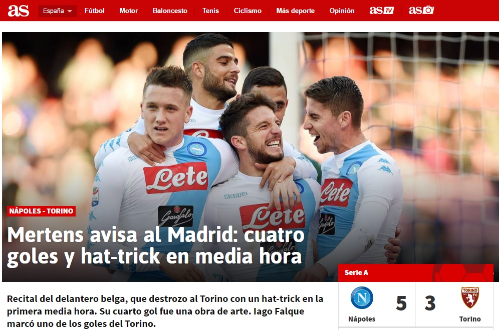 Napoli-Torino vista dall’estero: “Mertens avisa al Madrid”