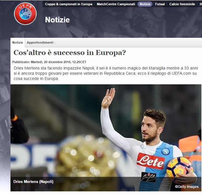 La Uefa celebra Mertens («fa impazzire la città») e l’attacco del Napoli