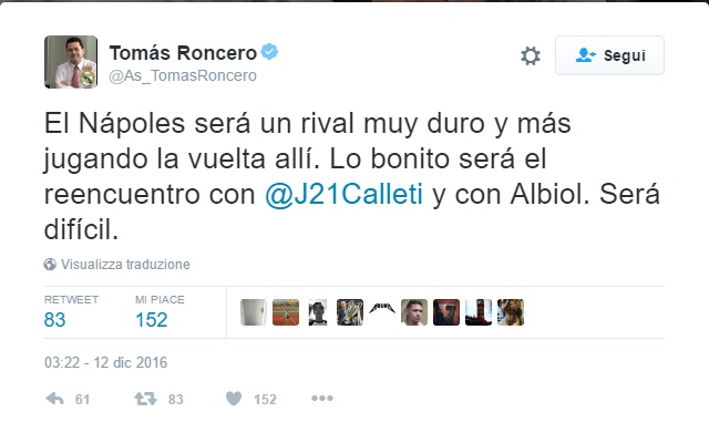 Tomas Roncero, editorialista di As sul Real, dopo l’accoppiamento con il Napoli: «Sarà difficile»
