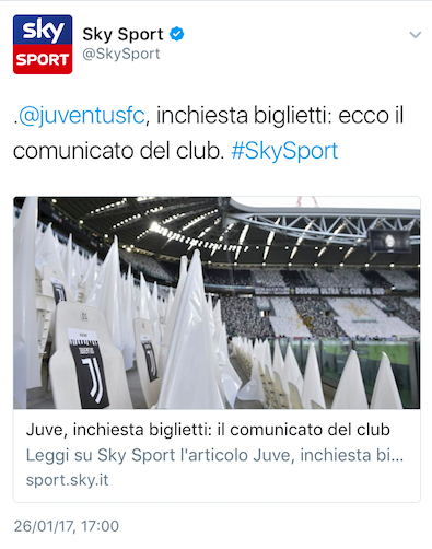 Sky Sport rimuove il tweet sul comunicato della Juventus dopo le proteste: «La notizia non la date?»