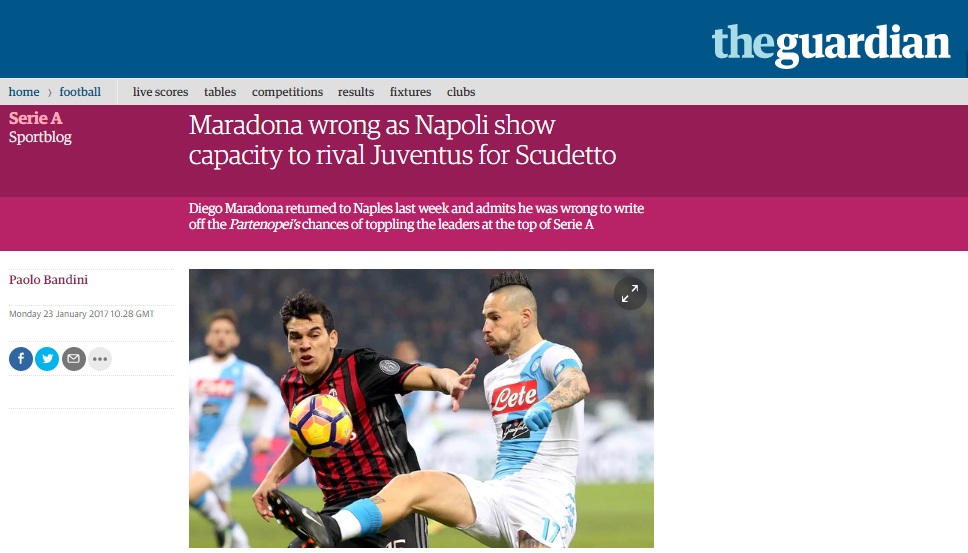 Per il Guardian, il Napoli «può lottare con la Juve per lo scudetto e non ha bisogno di Maradona»
