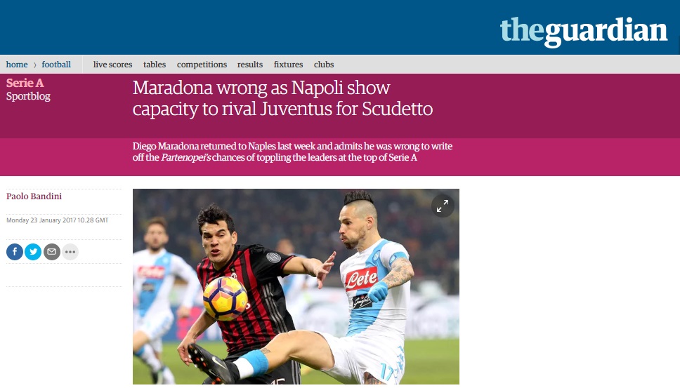Per il Guardian, il Napoli «può lottare con la Juve per lo scudetto e non ha bisogno di Maradona» Per il Guardian, il Napoli «può lottare con la Juve per lo scudetto e non ha bisogno di Maradona»
