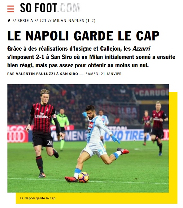 Milan-Napoli all’estero: «Napoli in corsa, che mette pressione alla Juve»