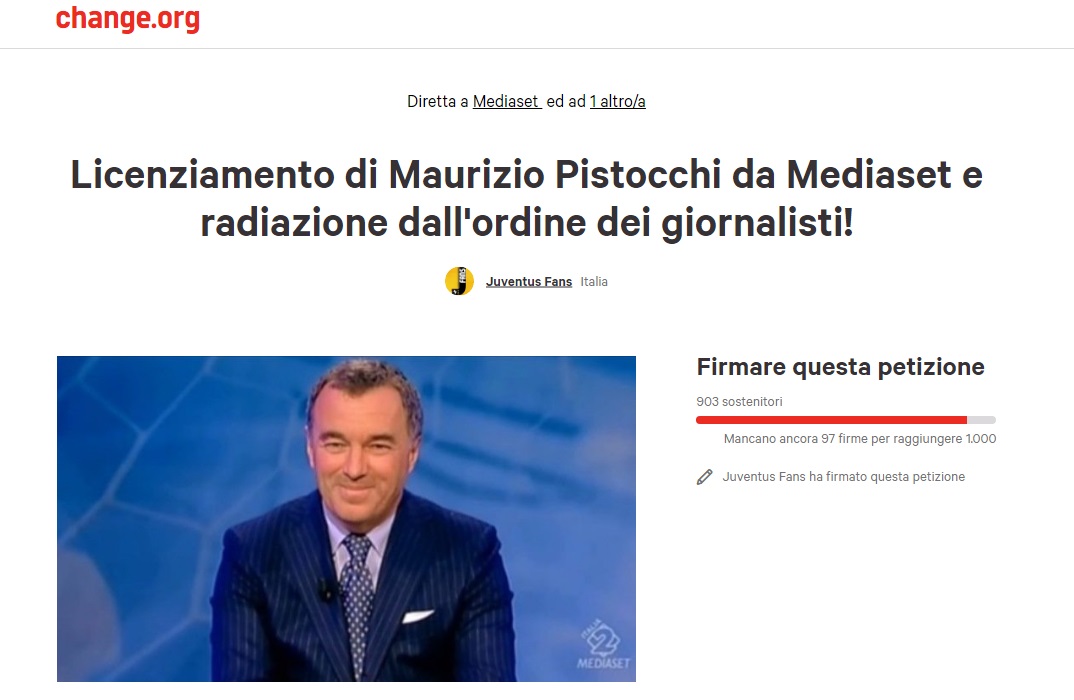 Petizione dei tifosi della Juventus: «Mediaset licenzi Pistocchi, radiatelo dall’Ordine dei giornalisti»