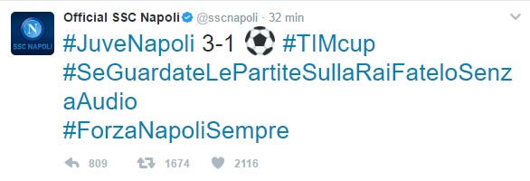 Il tweet del Napoli contro le telecronache Rai: «Guardate le partite senza audio»